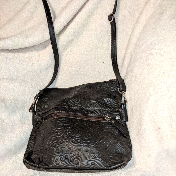 Chocolate Brown Tooled Italian Leather Fold-over Crossbody‎ Purse - Picture 3 of 12